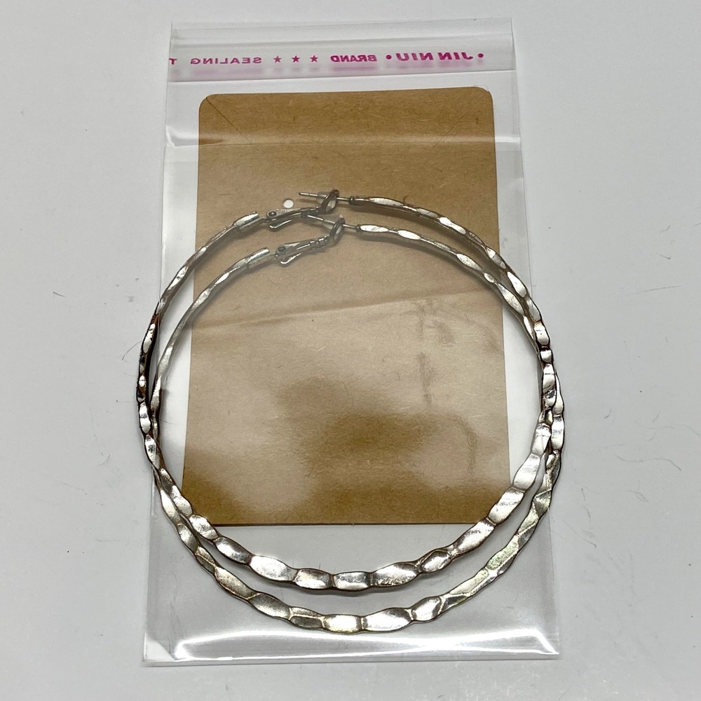 Vintage Silver Tone Hoop Earrings Hammered Crosshatch Large 3" Hinged Hoops GUC